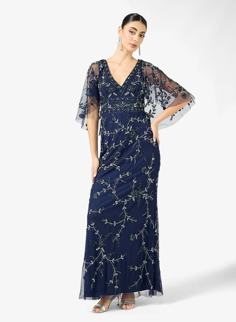 Adrianna Papell Embellished Caped V Neck Maxi Dress