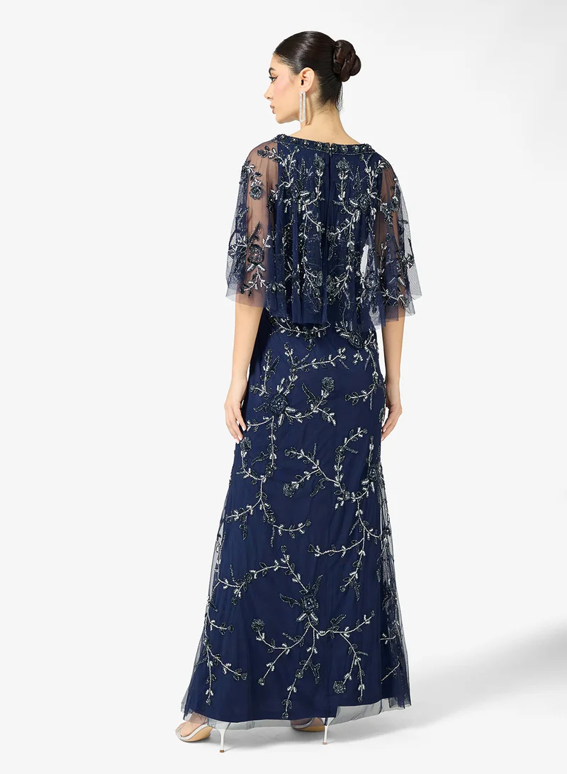 Adrianna Papell Embellished Caped V Neck Maxi Dress