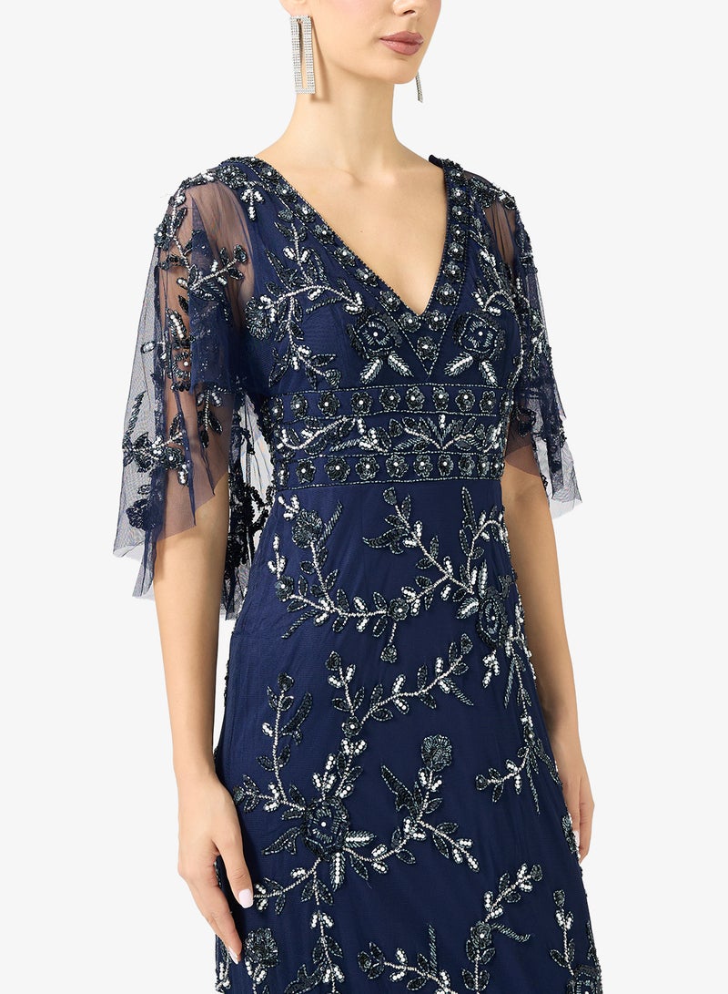 Adrianna Papell Embellished Caped V Neck Maxi Dress - Image 3
