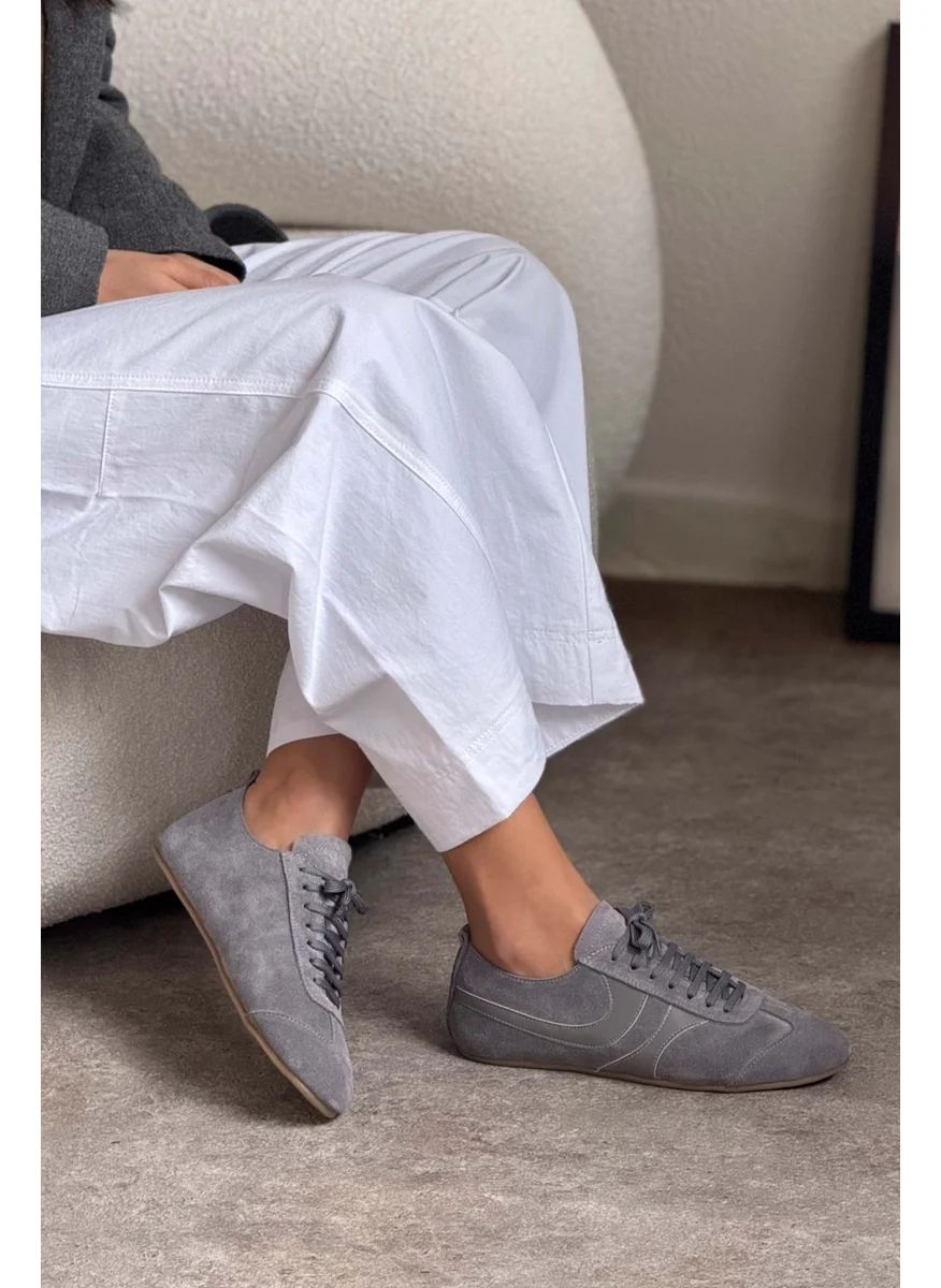 Nişantaşı Shoes Saint Gray Suede Flat Sole Women's Lace-Up Sports Shoes