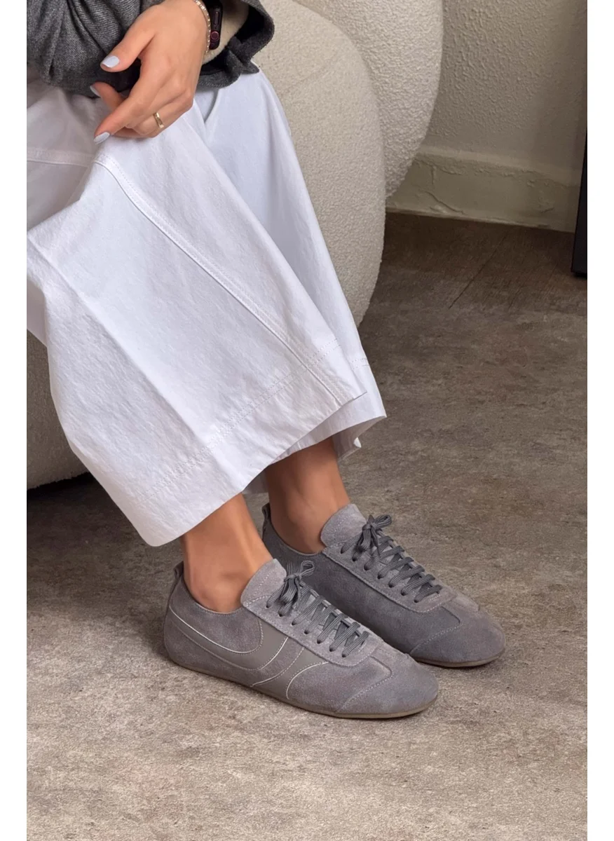 Nişantaşı Shoes Saint Gray Suede Flat Sole Women's Lace-Up Sports Shoes