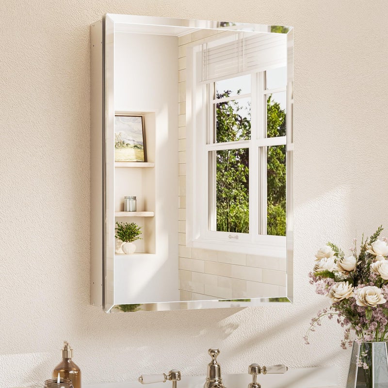 TETOTE 20 x 28 Medicine Cabinet with Mirror with Tempered Beveled Mirror Silver Medicine Cabinet Aluminum Cabinet DTC Hinges, Stepless Adjustable Shelves, Recessed/Surface-Mounted - Image 1