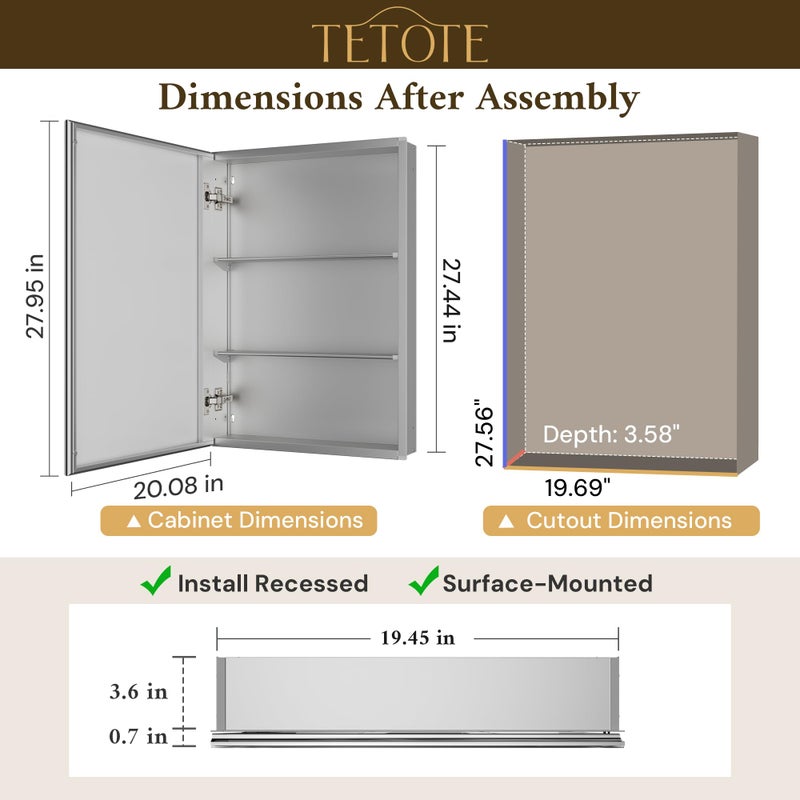 TETOTE 20 x 28 Medicine Cabinet with Mirror with Tempered Beveled Mirror Silver Medicine Cabinet Aluminum Cabinet DTC Hinges, Stepless Adjustable Shelves, Recessed/Surface-Mounted - Image 2