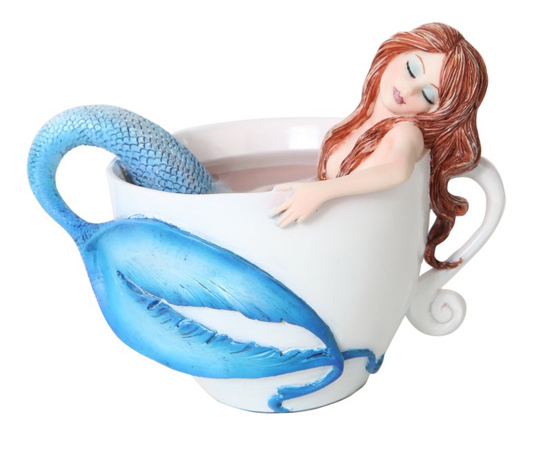 PTC 425 Inch Relaxing Mermaid in White Coffee Cup Statue Figurine