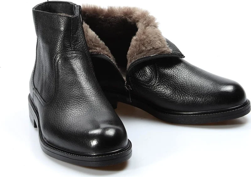 فاست ستيب Genuine Leather Fur Inside Black Floater Men's Classic Daily Non-Slip Sole Boots 408kma123