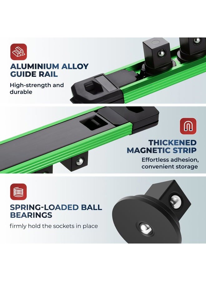 Reniteco Magnetic Socket Organizer, 1-Piece Heavty Duty Aluminum Socket Holder, Socket Rail for Tool Box, Premium Quality 360° Swivel Socket Rack with 14 Clips for 1/4-Inch(Green) - Image 3