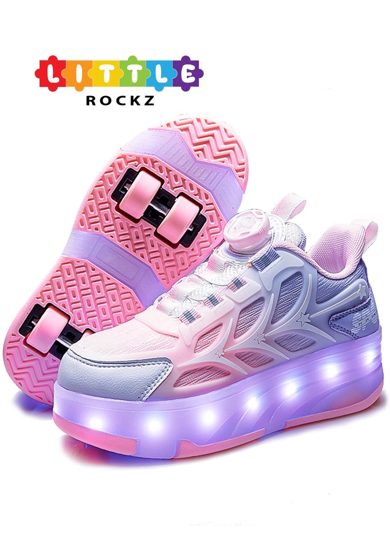 LITTLE ROCKZ Kids Four Wheel Roller Shoes Rechargeable LED Flash Light Sneaker Skate Heelys Shoes Pink  - Image 1