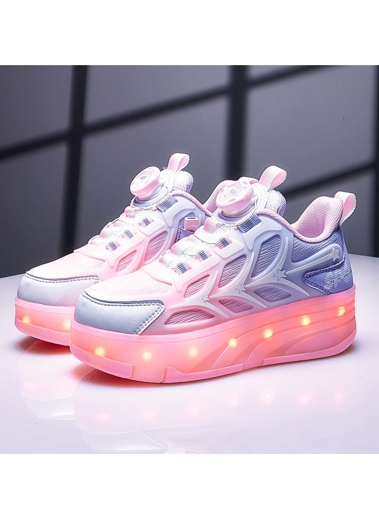 LITTLE ROCKZ Kids Four Wheel Roller Shoes Rechargeable LED Flash Light Sneaker Skate Heelys Shoes Pink  - Image 2