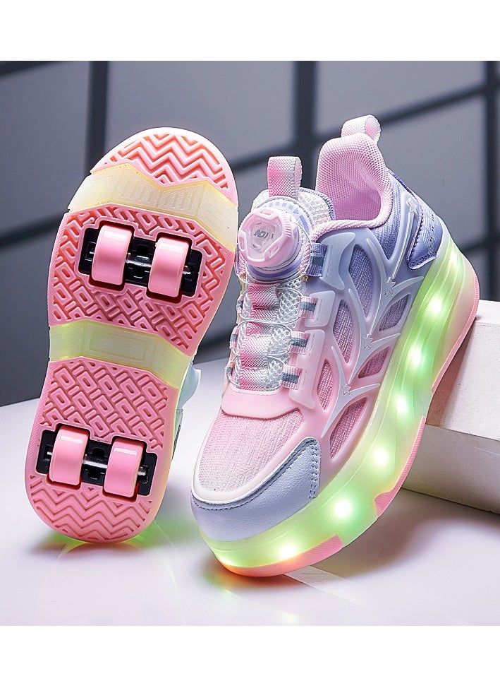 LITTLE ROCKZ Kids Four Wheel Roller Shoes Rechargeable LED Flash Light Sneaker Skate Heelys Shoes Pink  - Image 3