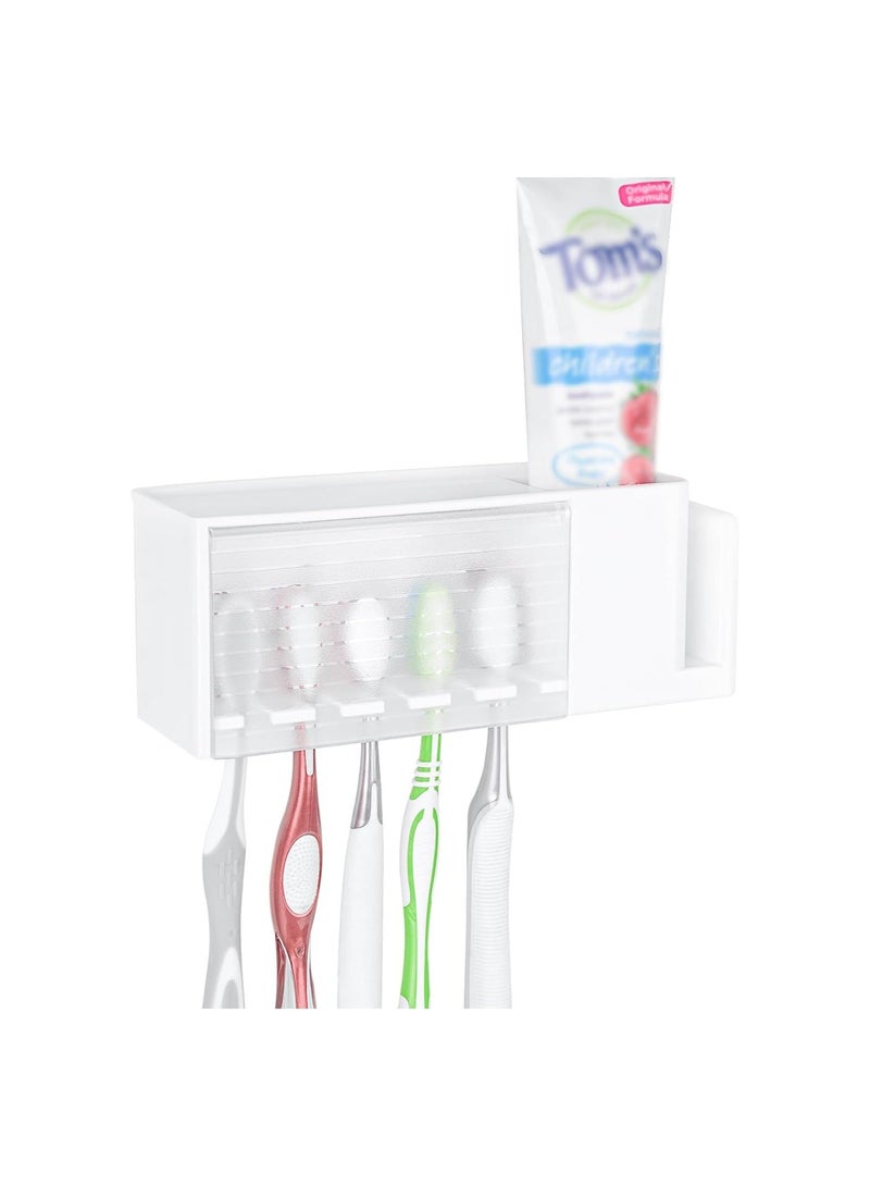 Wallmount Toothbrush Holder, 5 Slots with Cover, Plastic Multifunctional Toothpaste Toothbrush Organizer, Compatible with Oral-B Cross Action, Colgate Renewal, for Shower, RV, Camper(White)  - Image 1