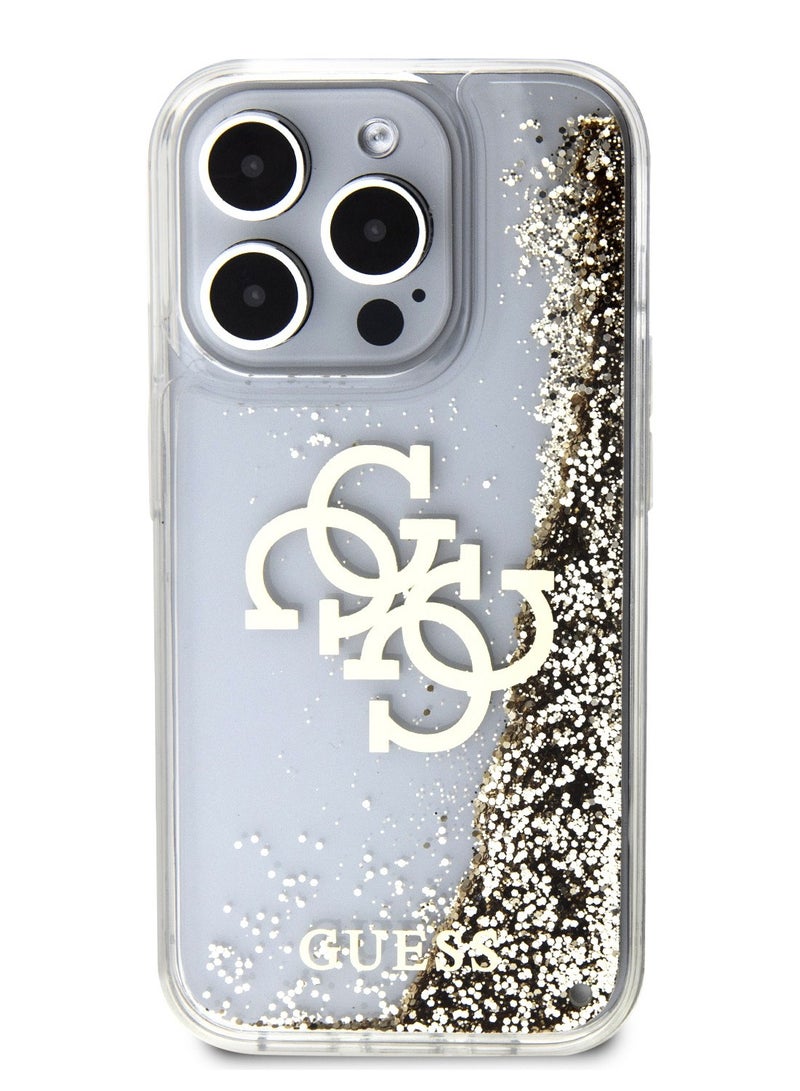 GUESS iPhone 15 Pro Case Liquid Glitter TPU Back Cover with 4G Electroplated Logo / Drop & Bumper Protection / Slim Profile / Accurate Cutouts / Easy Snap-On / Damage and Scratch Protection - Gold - Image 1