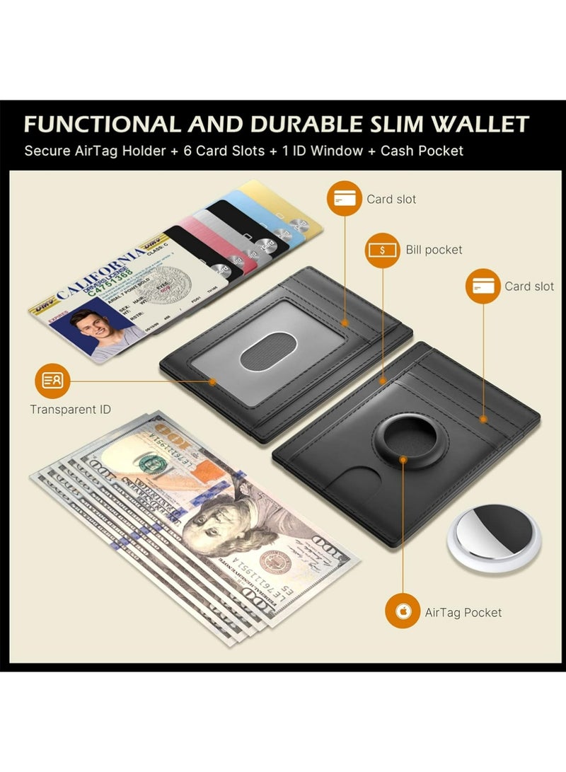 بولوز محفظة بطاقة Airtag النحيلة الحد الأدنى للرجال ، محفظة جلدية الجيب الأمامي الممتازة مع حامل Airtag ، محفظة بطاقة الائتمان النقدية RFID الحجب متوافقة مع AirTag (الأسود) - Image 2