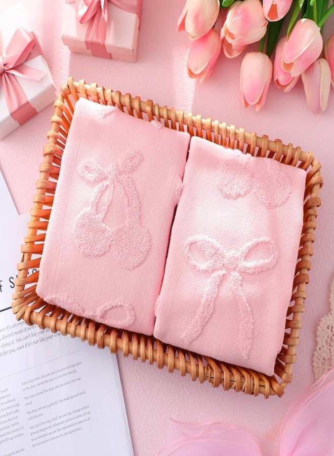 FuWeave منشفتان يدويتان ورديتان من FuWeave للحمام، مزينتان بفيونكة أنيقة ونقشة الكرز، مصنوعتان من القطن الخالص ١٠٠٪، ماصتان للماء، بنقشة جاكار مزخرفة، قطعة ديكور أنيقة للحمام، هدية مثالية، مقاس ١٣٫٧ × ٢٩٫٥ بوصة - Image 4