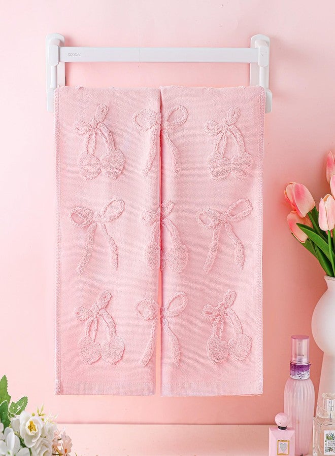 FuWeave منشفتان يدويتان ورديتان من FuWeave للحمام، مزينتان بفيونكة أنيقة ونقشة الكرز، مصنوعتان من القطن الخالص ١٠٠٪، ماصتان للماء، بنقشة جاكار مزخرفة، قطعة ديكور أنيقة للحمام، هدية مثالية، مقاس ١٣٫٧ × ٢٩٫٥ بوصة - Image 5