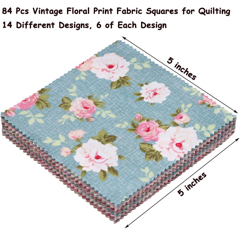 Hanjunzhao 84 Pcs Cotton Fabric Quilt Squares 5x5 inch, Charm Packs for Quilting 5 inch Clearance, 5" Charm Squares - for Quilting, Sewing, Birthday Valentine's Party Decor, and Crafts, Retro Floral - Image 2