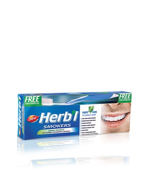 Dabur Herbal Smokers Natural Toothpaste | Enriched With Salt, Mint & Blackberry Bark | For Healthy Gums & Strong Teeth - 150g + Toothbrush