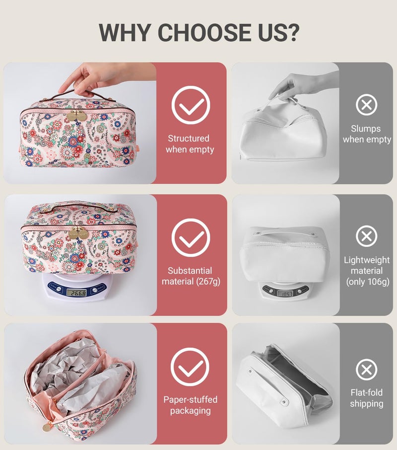 Aveniee Travel Makeup Bag for Women, Large Cosmetic Organizer with Open-Flat Design, Clear Divider & Handle - Waterproof PU Leather Toiletry Case (Floral Pattern) - Image 4