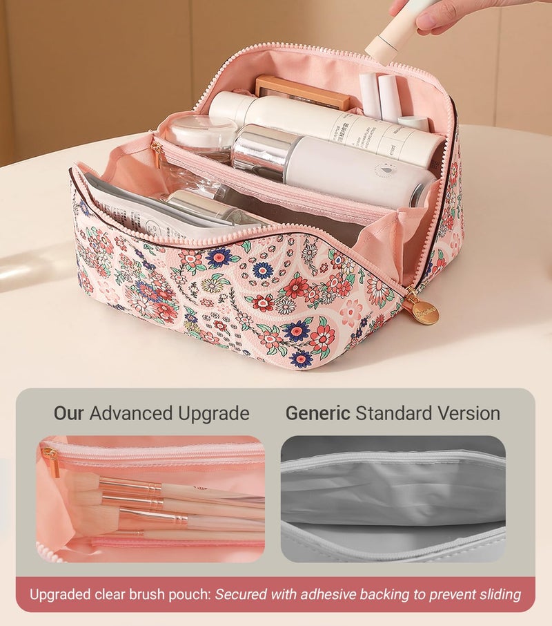 Aveniee Travel Makeup Bag for Women, Large Cosmetic Organizer with Open-Flat Design, Clear Divider & Handle - Waterproof PU Leather Toiletry Case (Floral Pattern) - Image 3