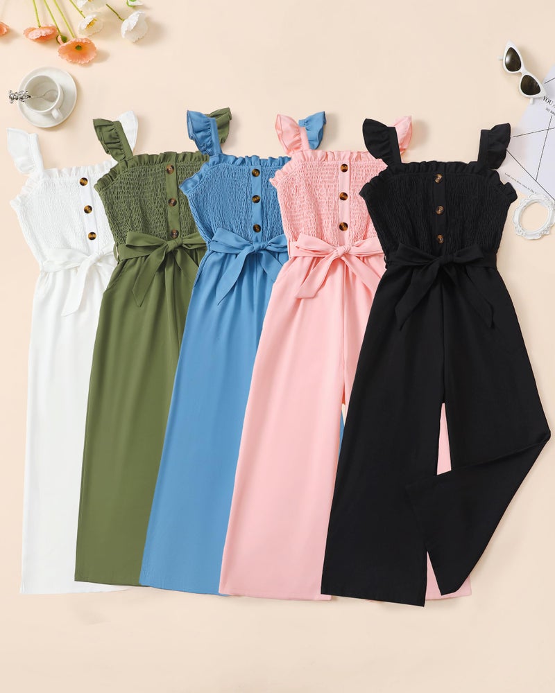 SODLON Preppy Clothes for Girl 9-10 Girls Jumpsuit Kids Fashion Ruffle Sleeveless Wide Leg Belted One-Piece Romper Smocked Summer Outfits with Pockets Black - Image 2