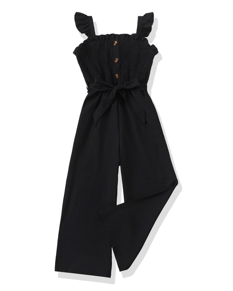 SODLON Preppy Clothes for Girl 9-10 Girls Jumpsuit Kids Fashion Ruffle Sleeveless Wide Leg Belted One-Piece Romper Smocked Summer Outfits with Pockets Black - Image 1