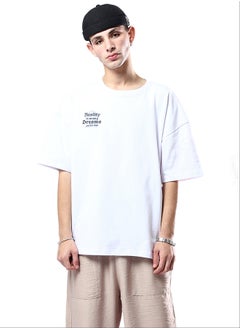 Front Print & Back Elbow Sleeves Cotton White Tee