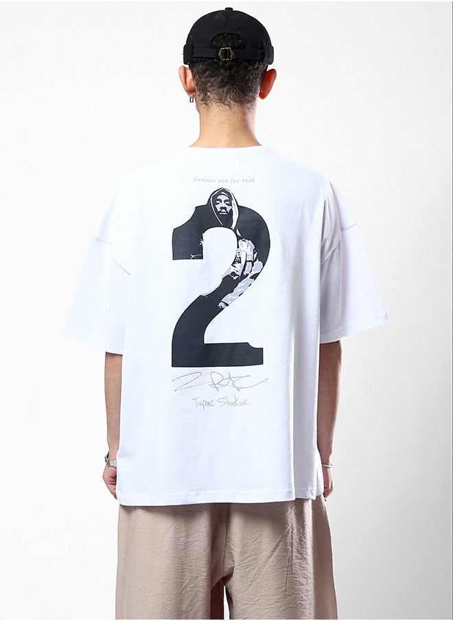 RAVIN - Front Print & Back Elbow Sleeves Cotton White Tee - Image 1