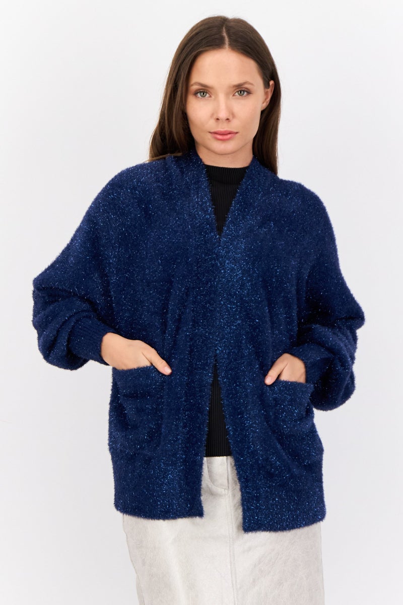 ESPRIT Women Oversized Fit Split Neck Metallic Cardigans, Navy - Image 1
