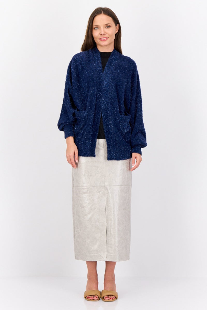 ESPRIT Women Oversized Fit Split Neck Metallic Cardigans, Navy - Image 3