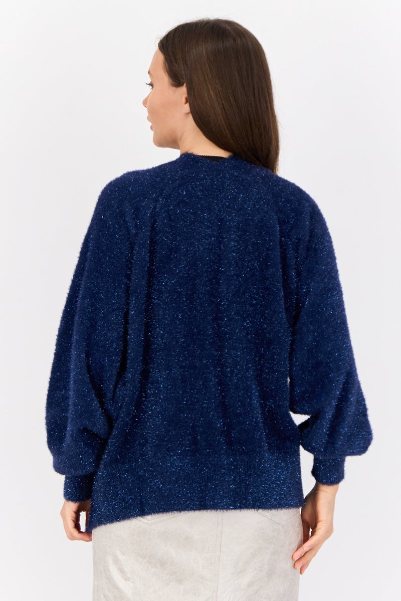 ESPRIT Women Oversized Fit Split Neck Metallic Cardigans, Navy - Image 4