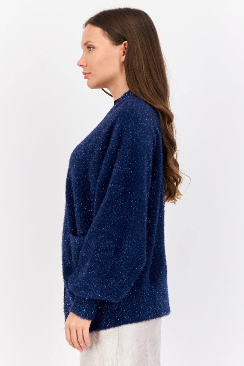 ESPRIT Women Oversized Fit Split Neck Metallic Cardigans, Navy - Image 2
