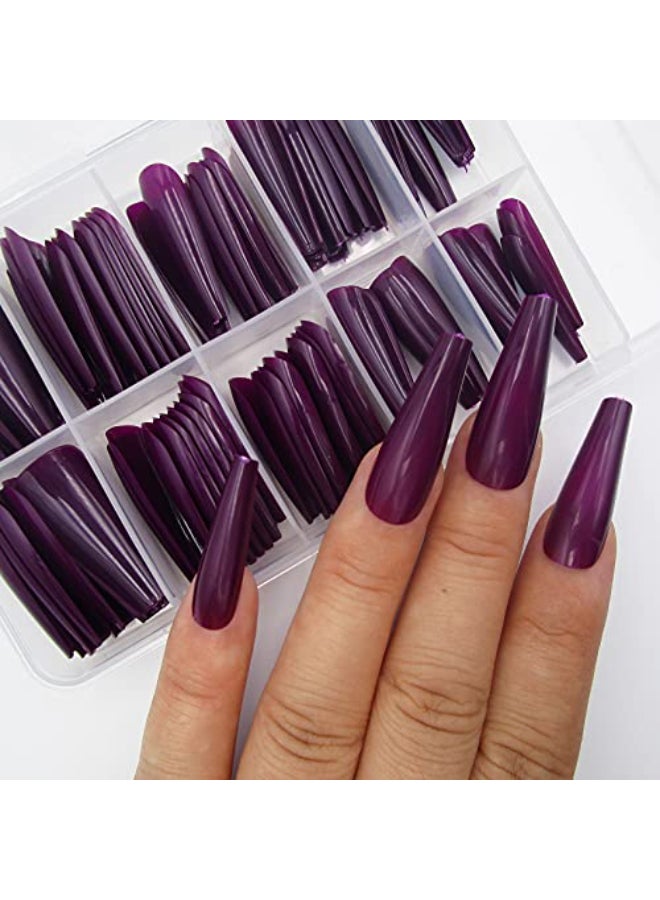 LifexTol Colored Coffin Press on Nails Long Ballerina False Fake Nail Tips Full Cover Manicure Design Acrylic Nails 100pc for Women Teen Girls Dark Grape - Image 3