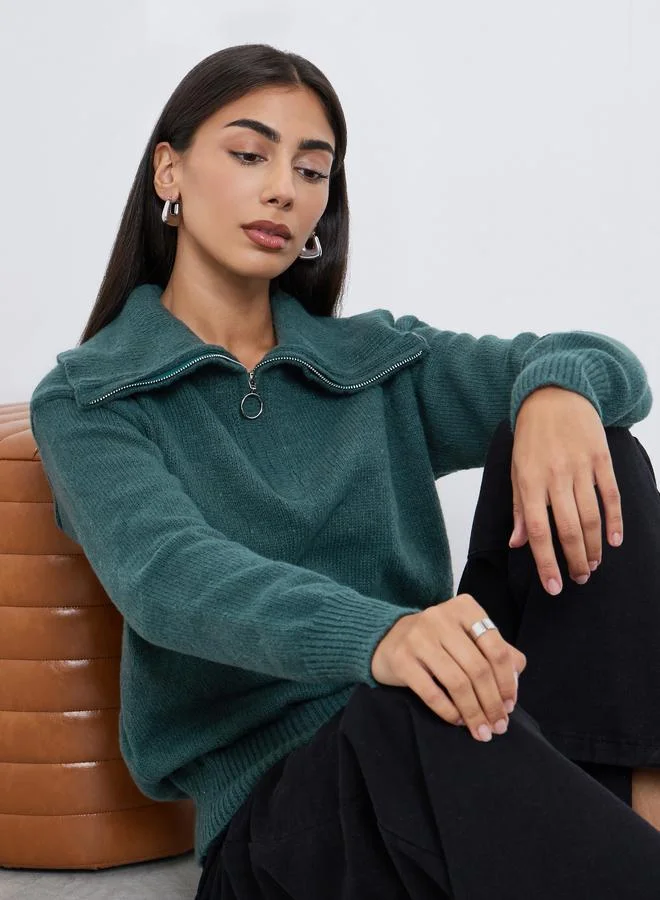 Styli Dark Green Regular Fit Half-Zip Knit Sweater