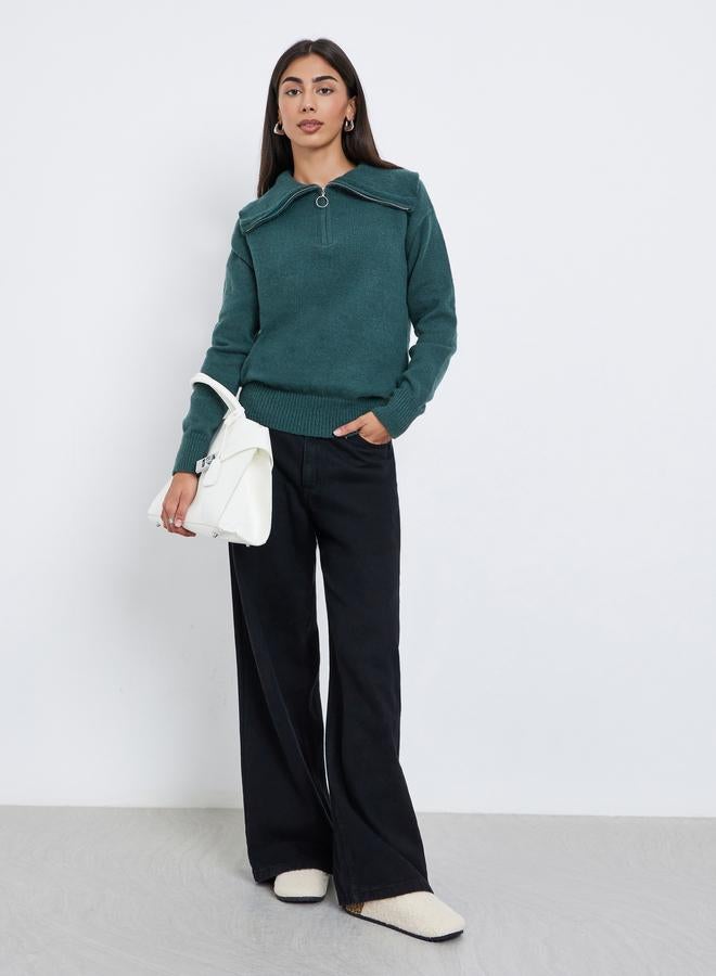 Styli Dark Green Regular Fit Half-Zip Knit Sweater - Image 2