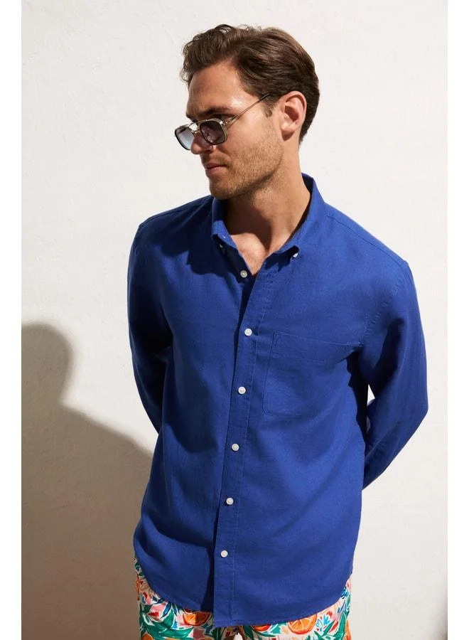 GRIMELANGE ARLES Men's Linen Blend Long Sleeve Single Pocket Regular Fit Parliament Blue Shirt.
