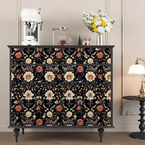 Laatse Boho Wallpaper Peel and Stick Dark Vintage Symmetrical Floral Contact Paper 175 x 118 Black Yellow Damask Wall Paper Self Adhesive Waterproof Removable for Bathroom Shelves Cabinet Drawer Table - Image 3