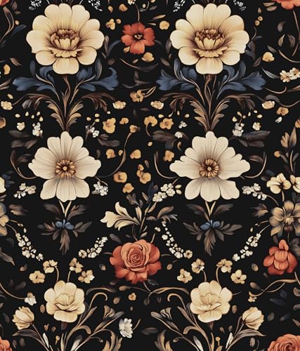 Laatse Boho Wallpaper Peel and Stick Dark Vintage Symmetrical Floral Contact Paper 175 x 118 Black Yellow Damask Wall Paper Self Adhesive Waterproof Removable for Bathroom Shelves Cabinet Drawer Table - Image 1