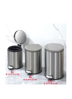 Generic Stainless Steel Double Layer Dustbin with Pedal and Lid For Bathroom Kitchen,Silent Lidded Trash Bin,Fingerprint-Proof Modern Garbage Can,Round Bucket with Handle for Home Office (Grey, 8L)  - Image 2