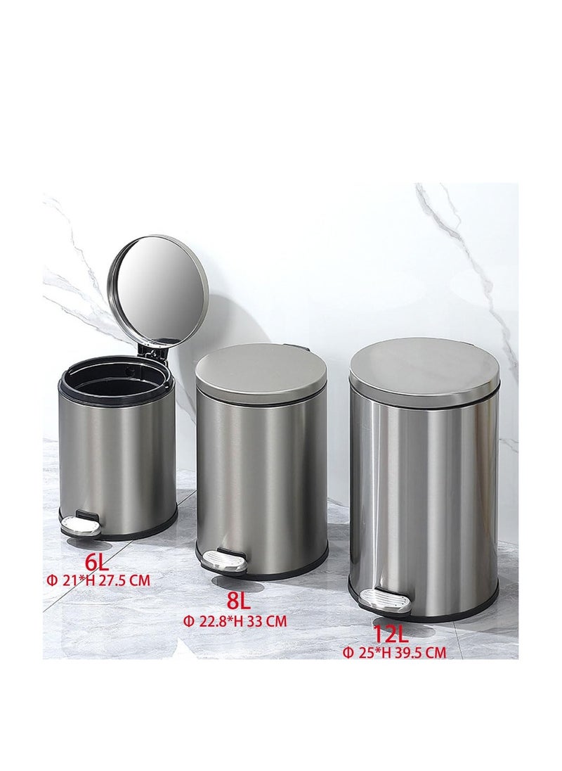 Generic - Stainless Steel Double Layer Dustbin with Pedal and Lid For Bathroom Kitchen,Silent Lidded Trash Bin,Fingerprint-Proof Modern Garbage Can,Round Bucket with Handle for Home Office (Grey, 8L) - Image 1