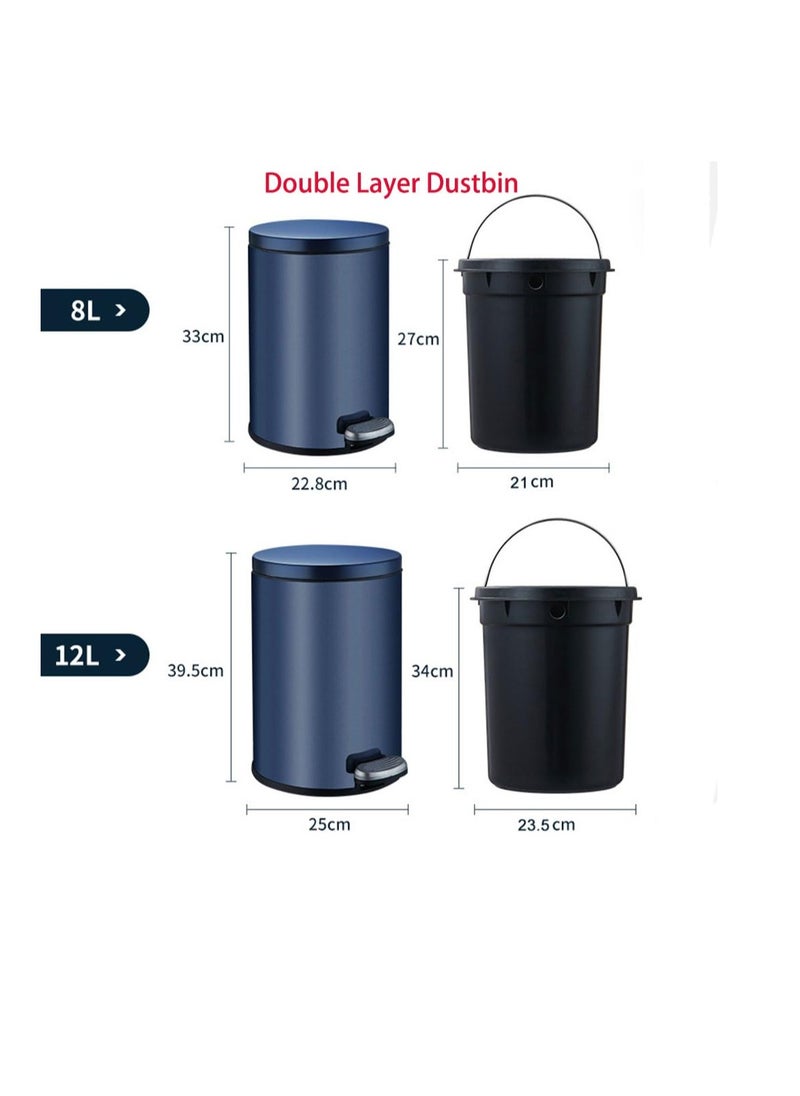 Generic - Stainless Steel Double Layer Dustbin with Pedal and Lid For Bathroom Kitchen,Silent Lidded Trash Bin,Fingerprint-Proof Modern Garbage Can,Round Bucket with Handle for Home Office (Grey, 8L) - Image 1