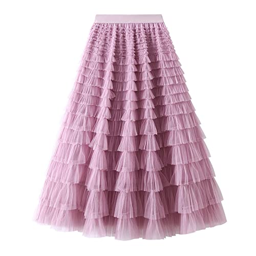 Dirholl Women's A-Line Fairy Patterned Elastic Waist Ruffle Tulle Layered Midi Skirt Tutu B Purple Pink - Image 1