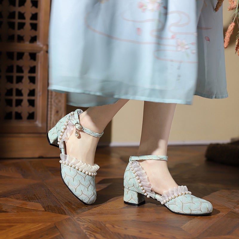 2024 Summer Lace Mid Heel 33-47 Plus Size Sweet Beaded Hollow Sandals - Image 5