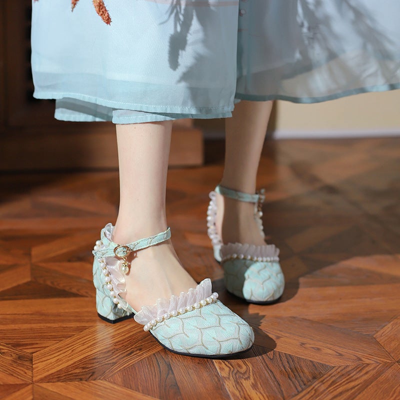 2024 Summer Lace Mid Heel 33-47 Plus Size Sweet Beaded Hollow Sandals - Image 2