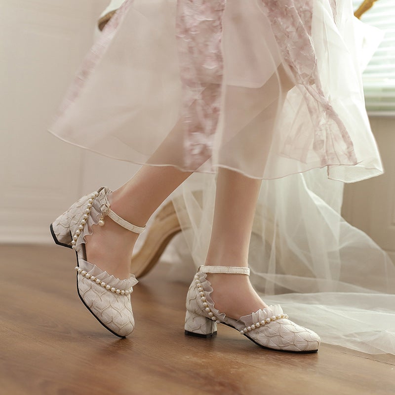 2024 Summer Lace Mid Heel 33-47 Plus Size Sweet Beaded Hollow Sandals - Image 3