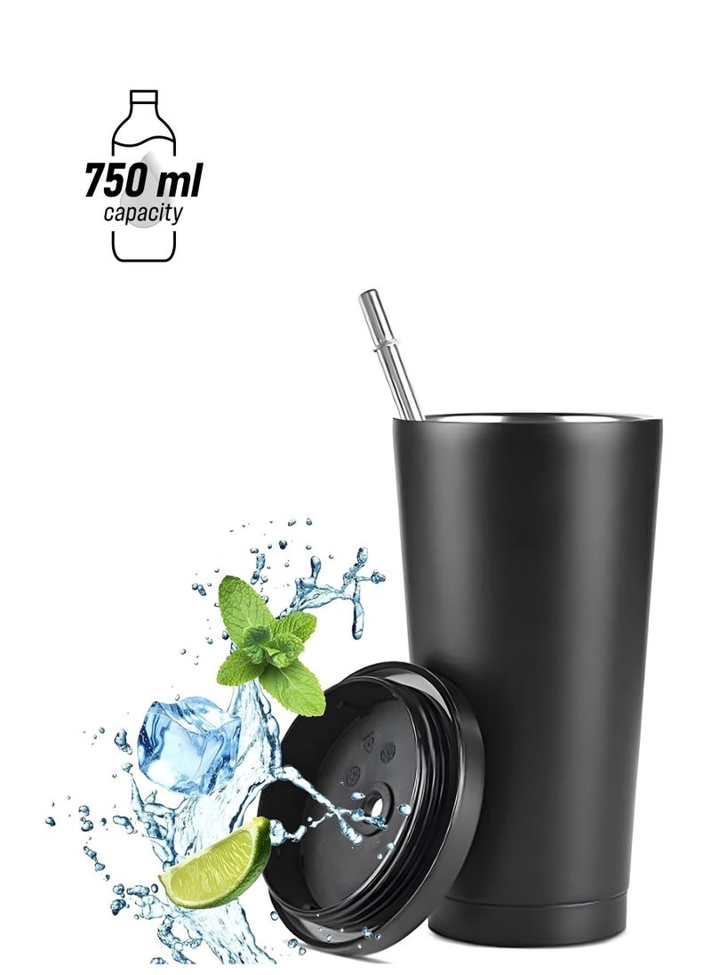 Beauenty Reusable Iced Coffee Cup Tumbler, 750ml Double Wall Vacuum Travel Coffee Mug with Splash-Proof Lid and Metal Straw, Leakproof Insulated Stainless Steel Cup for Home, Gym, Office (Black)  - Image 1