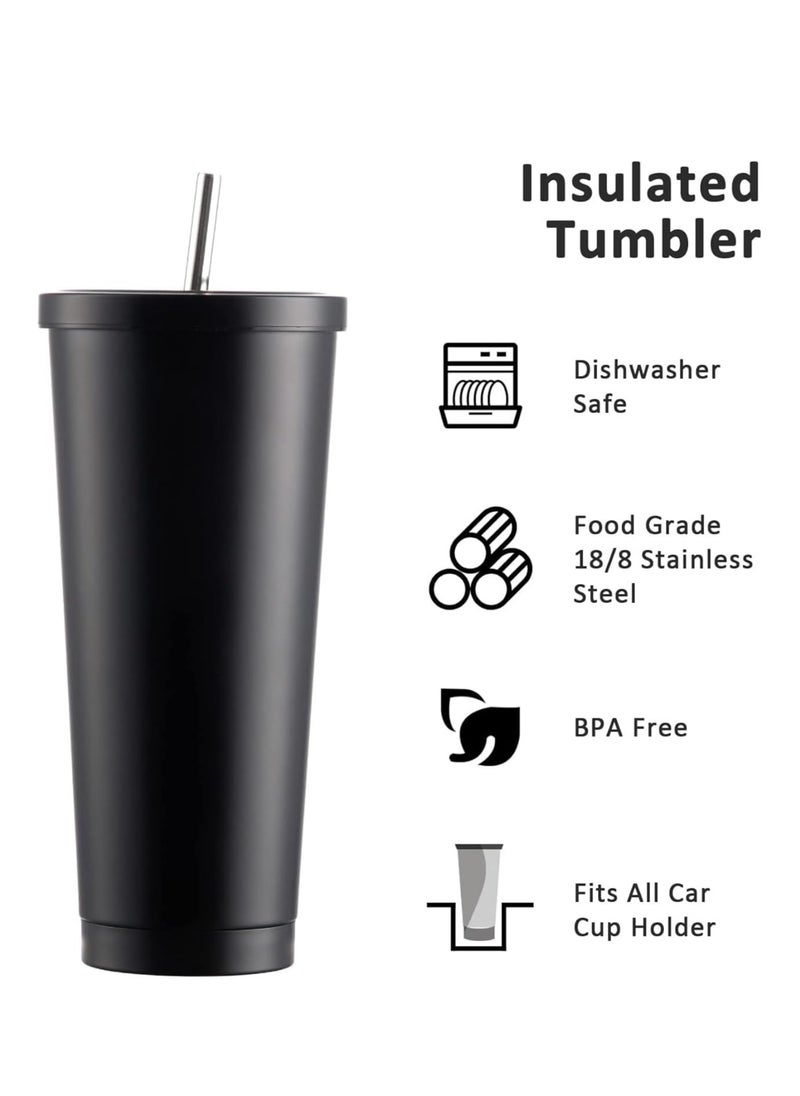 Beauenty Reusable Iced Coffee Cup Tumbler, 750ml Double Wall Vacuum Travel Coffee Mug with Splash-Proof Lid and Metal Straw, Leakproof Insulated Stainless Steel Cup for Home, Gym, Office (Black)  - Image 3