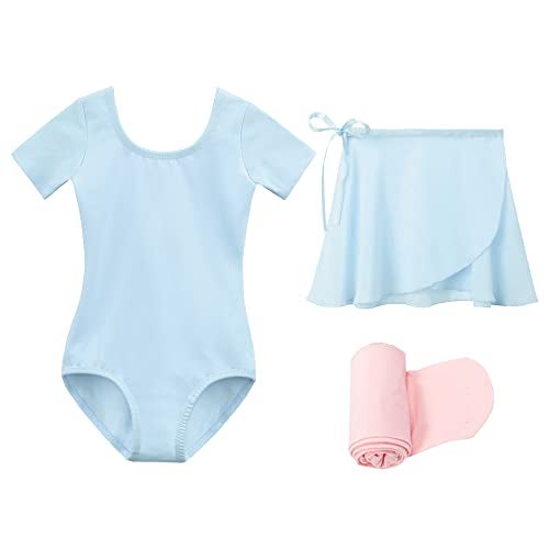 Stelle Girls Short Sleeve Dance Active Dress Ballet Leotard Combo with Dance Skirt and Dance Tight (Blue (Adjustable Tie),90, 4T) - Image 1