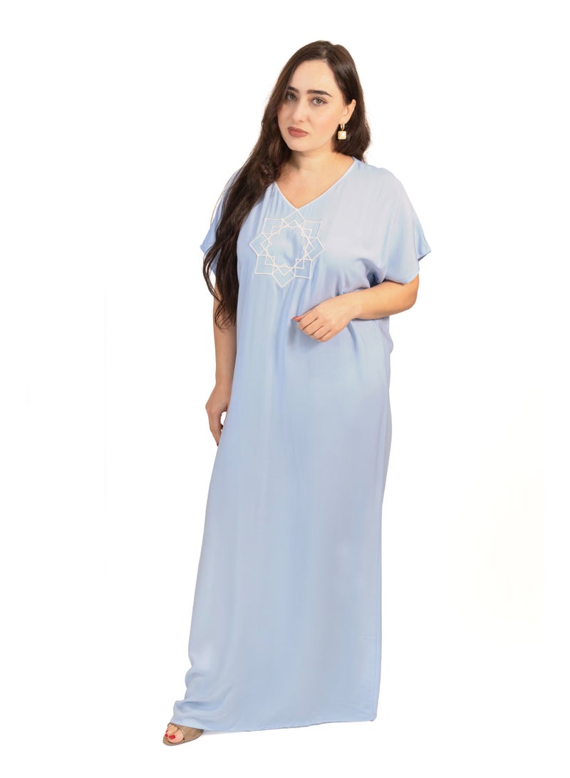 لـيـنـيـل Linelle Blue Grey Jalabiya with Embroidered V-Neck - Image 1