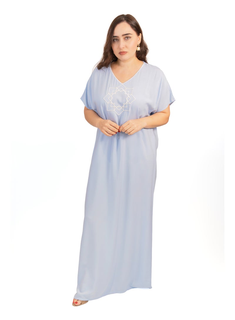لـيـنـيـل Linelle Blue Grey Jalabiya with Embroidered V-Neck - Image 2
