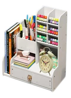 Occuwzz White Pen Organizer with Drawer, DIY Pencil Holder Desk Tidy Caddy Office Stationery Desktop Organiser for Home, Office and School  - Image 1
