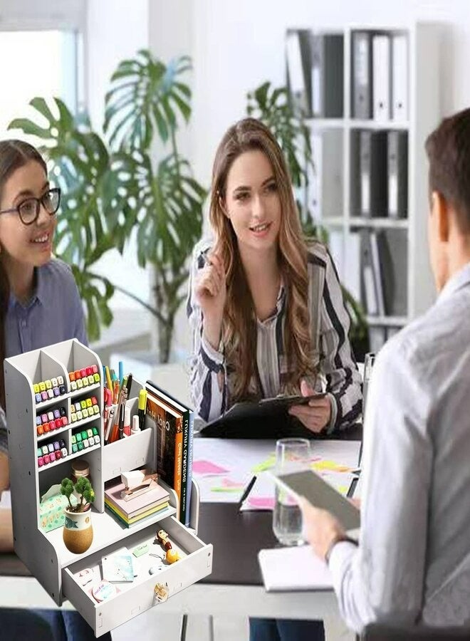 أوكيوز منظم مكتب حامل أقلام حامل أقلام مع رف كتب صناديق منظم مكتب أبيض للأقلام للمكتب والمنزل والمدرسة منظم قرطاسية متعدد الوظائف - Image 5